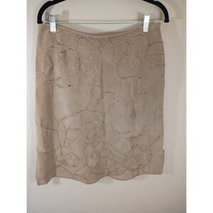 Suedessence Suede Skirt Open Floral Stitching Tan Sz 10 Boho Festival Western...
